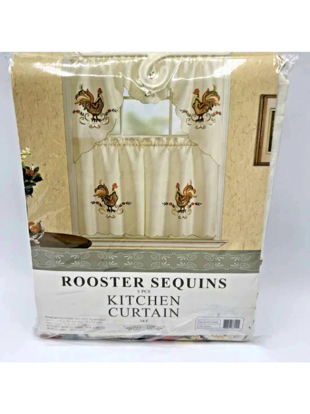 Rooster Sequins Kitchen Curtains 3 Piece Swag Tiers Farmhouse